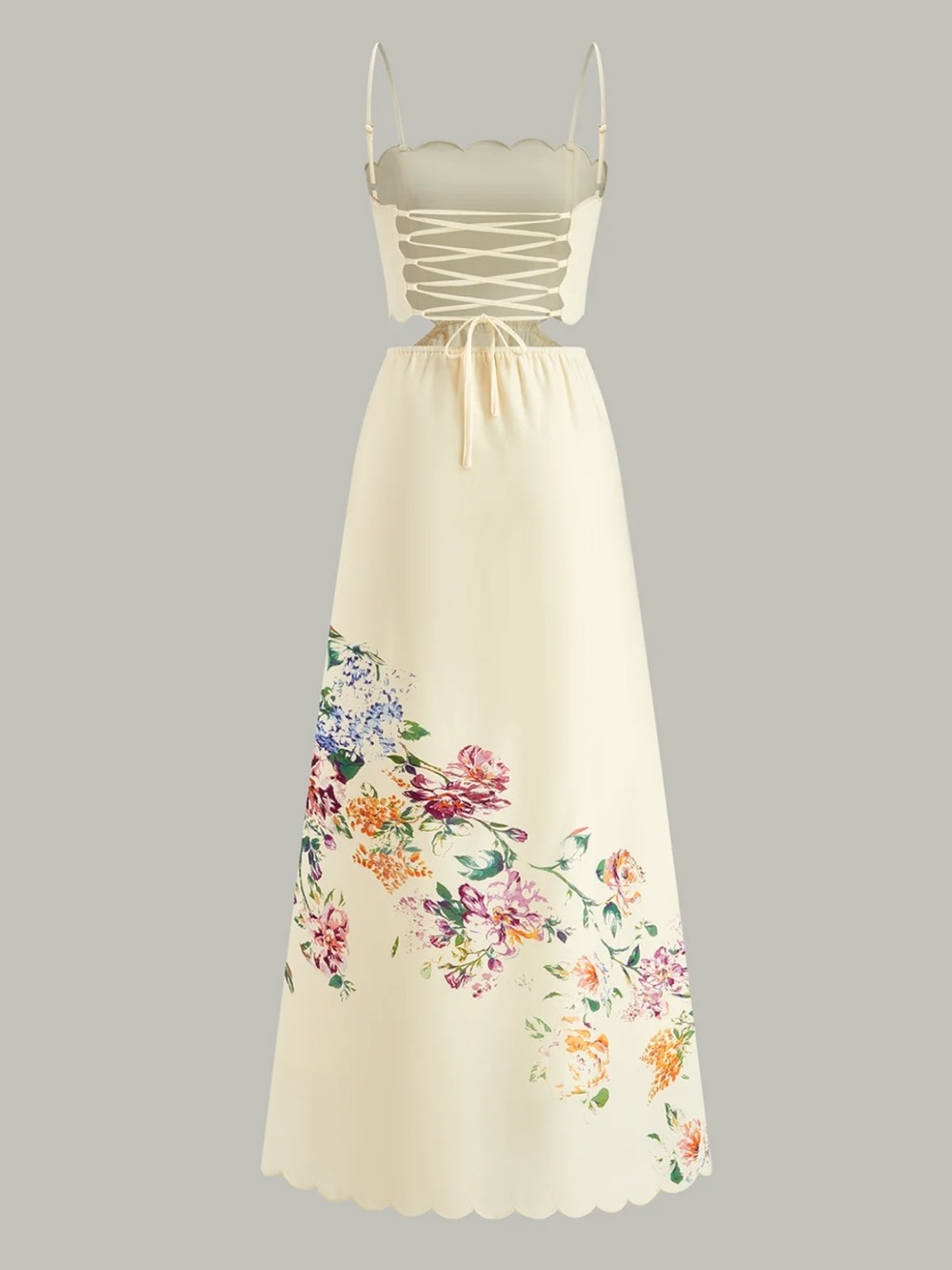 Commense Apricot Floral Lace-Up Back Dress S | Romantic Garden Party Dress - Picture 7 of 9